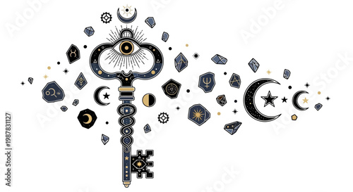 Mystical Key with Celestial Symbols and Gems