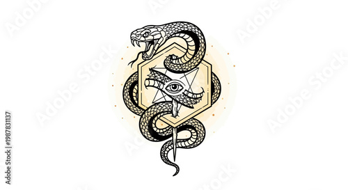 Mystical Serpent Encircling Hexagon with Eye Symbol