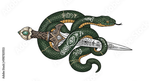 Mystical Snake Coiled Around Ornate Dagger with Ancient Runes