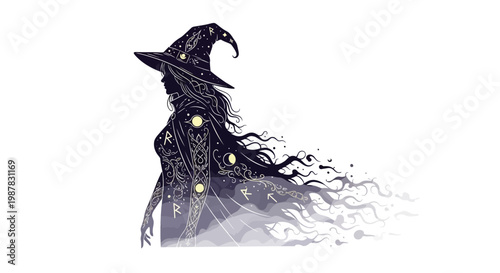 Mystical Witch Silhouette with Cosmic Elements and Runes