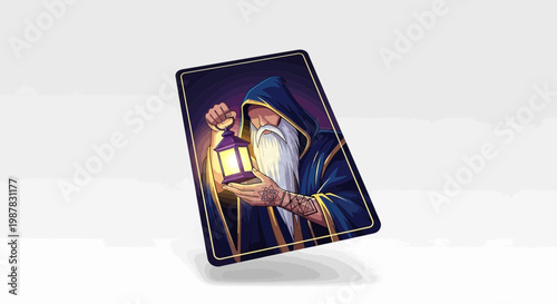 Mystical wizard holding lantern on fantasy card, occult, magic, adventure