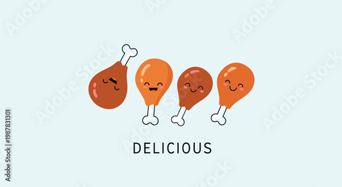 Group of four cute cartoon fried chicken drumsticks with various happy facial expressions and the word delicious below.