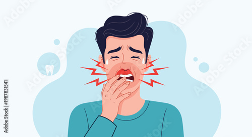 Man suffering from a painful toothache or jaw pain holding his face with an expression of distress and discomfort.