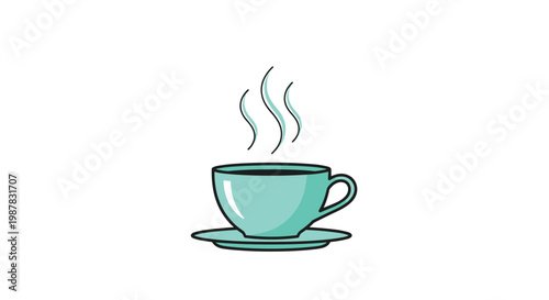 Simple graphic icon of a light blue cup of hot coffee or tea with rising steam on a white saucer and background.