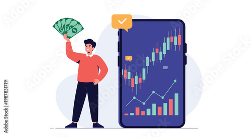 Investor holding a fan of cash next to a large smartphone displaying a rising stock market financial candlestick chart.
