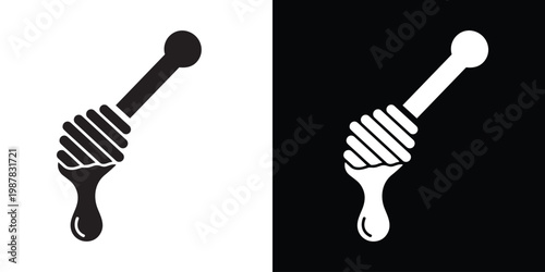 Honey dipper stick with dripping honey vector silhouette, Dripping honey icon