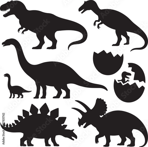 Vector illustration of dinosaur silhouette including Stegosaurus, Brontosaurus, Velociraptor, Triceratops, Tyrannosaurus rex, and Spinosaurus.