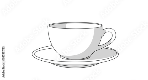 Clean and simple line drawing of an empty white ceramic coffee cup sitting on a matching saucer with gray shadows.