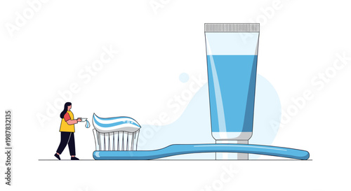 Miniature woman standing next to a giant toothbrush and toothpaste tube as she prepares for her daily oral hygiene routine.