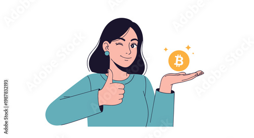 Smiling woman holding a digital bitcoin symbol and giving a thumbs up gesture to show success in cryptocurrency investment.