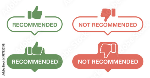 Recommended Not Recommended Icons Thumbs Up Label Approval Disapproval Rating Choice Vector Illustration Design Isolated Background