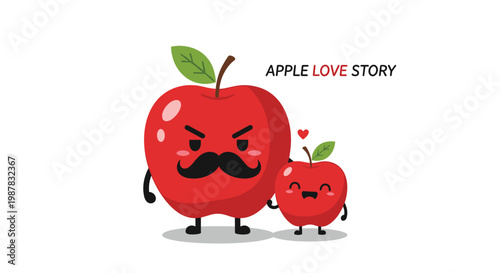 Father and son apple characters holding hands with the larger apple having a mustache and the smaller one showing a heart.