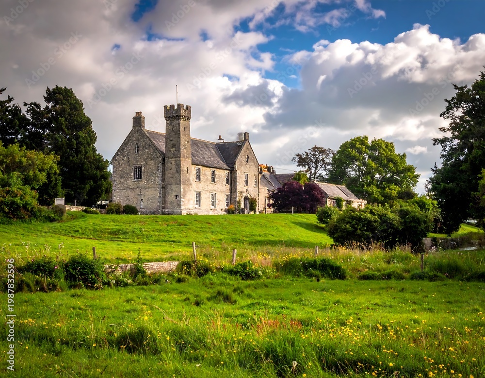 Obraz premium A stately stone building with a tower sits on a hill. Lush green grass blankets the foreground. Cloudy sky overhead