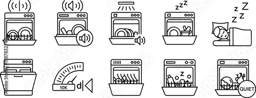 Dishwasher machine functionality and quiet operation icons set with dishwasher appliance operation