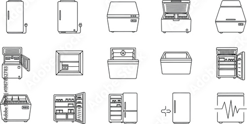 Collection of household appliance refrigerator icons in line art with refrigerator, appliance