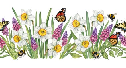 Beautiful Spring Flowers with Butterflies and Bees Border.