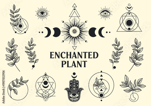 Mystical Esoteric Sacred Geometry and Botanical Symbols Collection with Moon Phases, Hamsa Hand, and Evil Eye Elements