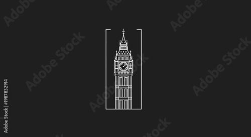 Minimalist architectural outline of a famous clock tower, enclosed in a box, symbolizing landmarks and urban design