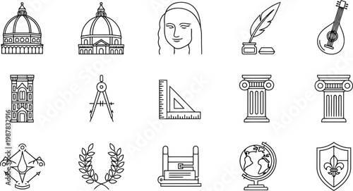 Set of historical culture and architecture line art icons with architecture landmark building