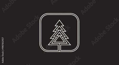 A minimalist, stylized icon depicting a fir tree inside a rounded square, presented in a clean, outline design on a dark background