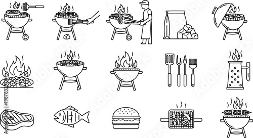 Hand drawn bbq grill and cooking icon collection with barbecue utensils collection charcoal