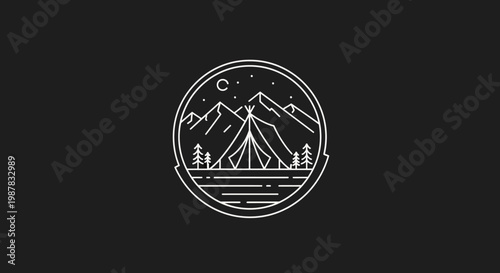 Minimalist circular logo featuring a campsite with a tent, mountains, moon, and stars against a dark background