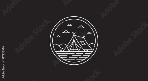 Circular logo design featuring a minimalist tent and mountain landscape illustration, perfect for outdoor adventures and camping brands