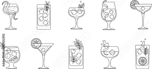 Hand drawn cocktail glass and drink menu icons with cocktail beverage collection refreshment