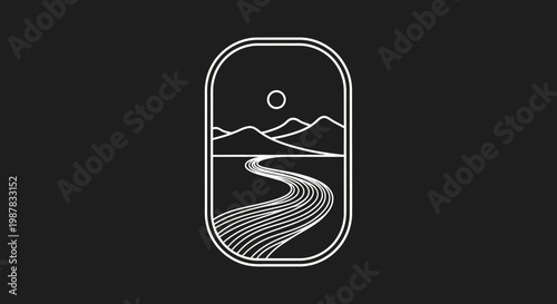 Modern minimalist line art illustration depicting a tranquil river winding through majestic mountains under a radiant sun, perfectly framed in a sleek rounded window