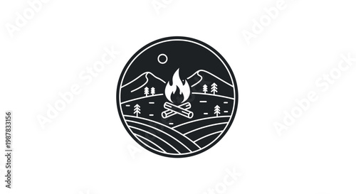 Minimalist outdoor camping logo showcasing a warm campfire under a night sky with towering mountains and serene hills, evoking a sense of adventure and nature