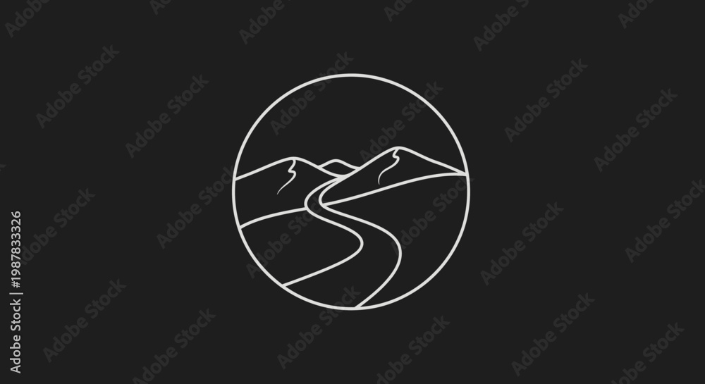 Fototapeta premium A minimalist white line art logo depicting a winding road leading to mountains within a circular frame on a black background