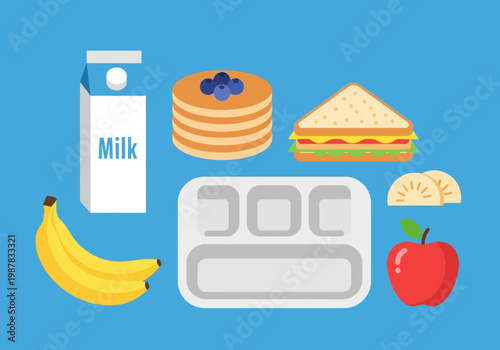 Healthy School Lunch and Breakfast Food Icons Vector Illustration with Milk, Sandwich, Fruit, and Cafeteria Tray