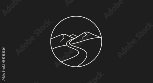 A minimalist white line art logo depicting a winding road leading to mountains within a circular frame on a black background