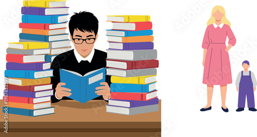Vector Illustrations of a Student Reading Books Surrounded by Stacks and a Mother with Child for Education and Family Design Projects