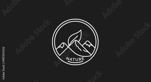 Modern line art logo illustrating majestic mountain peaks and a vibrant leaf, symbolizing outdoor adventure, natural exploration, and environmentally conscious endeavors