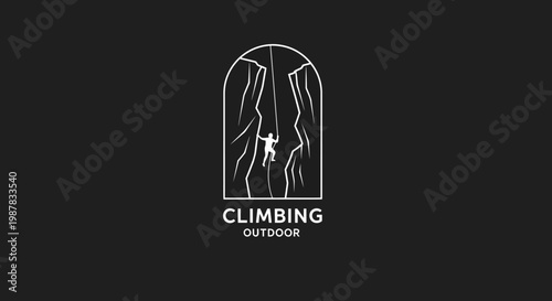Dynamic line art illustration of a person ascending a rugged rock face, framed by an elegant arch, embodying the spirit of outdoor adventure and challenging heights