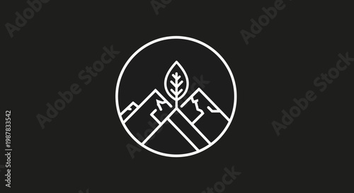 Minimalist outline logo featuring mountains and a tree inside a circle, representing nature and adventure
