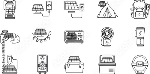 Solar powered camping and outdoor energy equipment vector icon set with portable, equipment