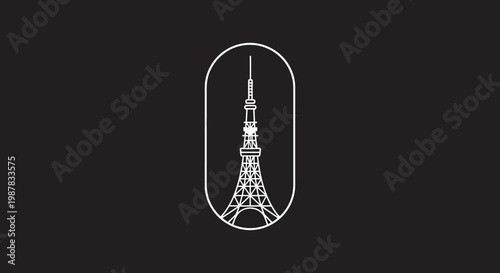 Stylized outline illustration of a tall, slender tower with a distinctive antenna structure, set within an oval frame on a dark background