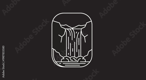 Nature's serene beauty captured in a minimalist line art illustration of a cascading waterfall flowing over rocks