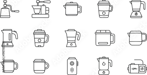 Kitchen appliance and portable beverage maker vector line icon collection with appliance, beverage