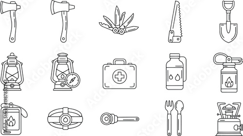 Collection of outdoor adventure and camping gear icons with adventure equipment survival utensils