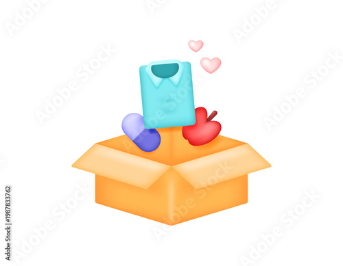 The concept of donation, charity, almsgiving. Giving aid or donations. 3D illustration of a donation box or package containing humanitarian aid, food, clothing, and medical supplies. Symbol, icon, 3D 