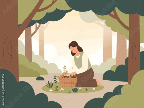 Woman foraging in a lush forest, collecting mushrooms and herbs in a wicker basket. Nature-inspired outdoor activity, woodland exploration, and sustainable living vector illustration.