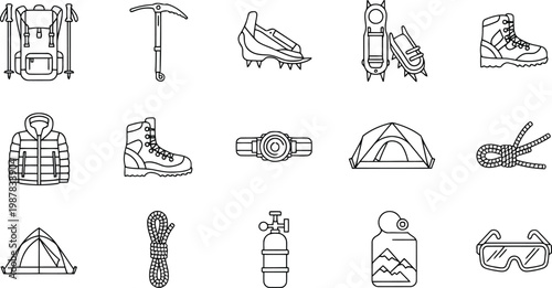 Set of winter mountaineering and climbing equipment icons with mountaineering climbing adventure