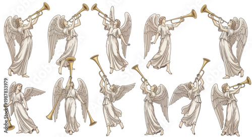 Angels playing trumpets, heavenly messengers announcing good news, divine celebration, religious art