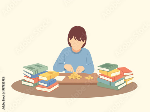 Canvas-taulu Focused student studying, surrounded by stacks of colorful books and notes, a diligent academic learning vector illustration, ideal for education and knowledge concepts