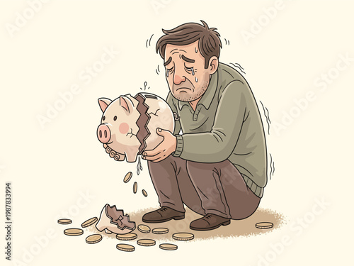 Financial crisis vector illustration, a man crying over his broken piggy bank, symbolizing economic hardship and personal debt, money loss concept