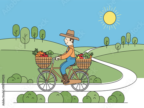 Happy farmer cycling with fresh produce, a healthy lifestyle vector illustration. Man on bicycle delivering organic vegetables, a sustainable agriculture concept.