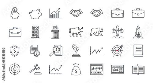 Financial Icons Set: Business, Investment, Trading, Banking, Law - Vector Illustration